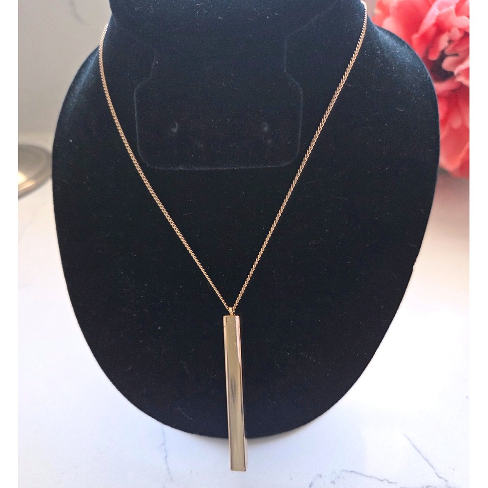 Charming Charlie Gold Tone Vertical Bar Pendant Necklace Minimalist Adjust Chain